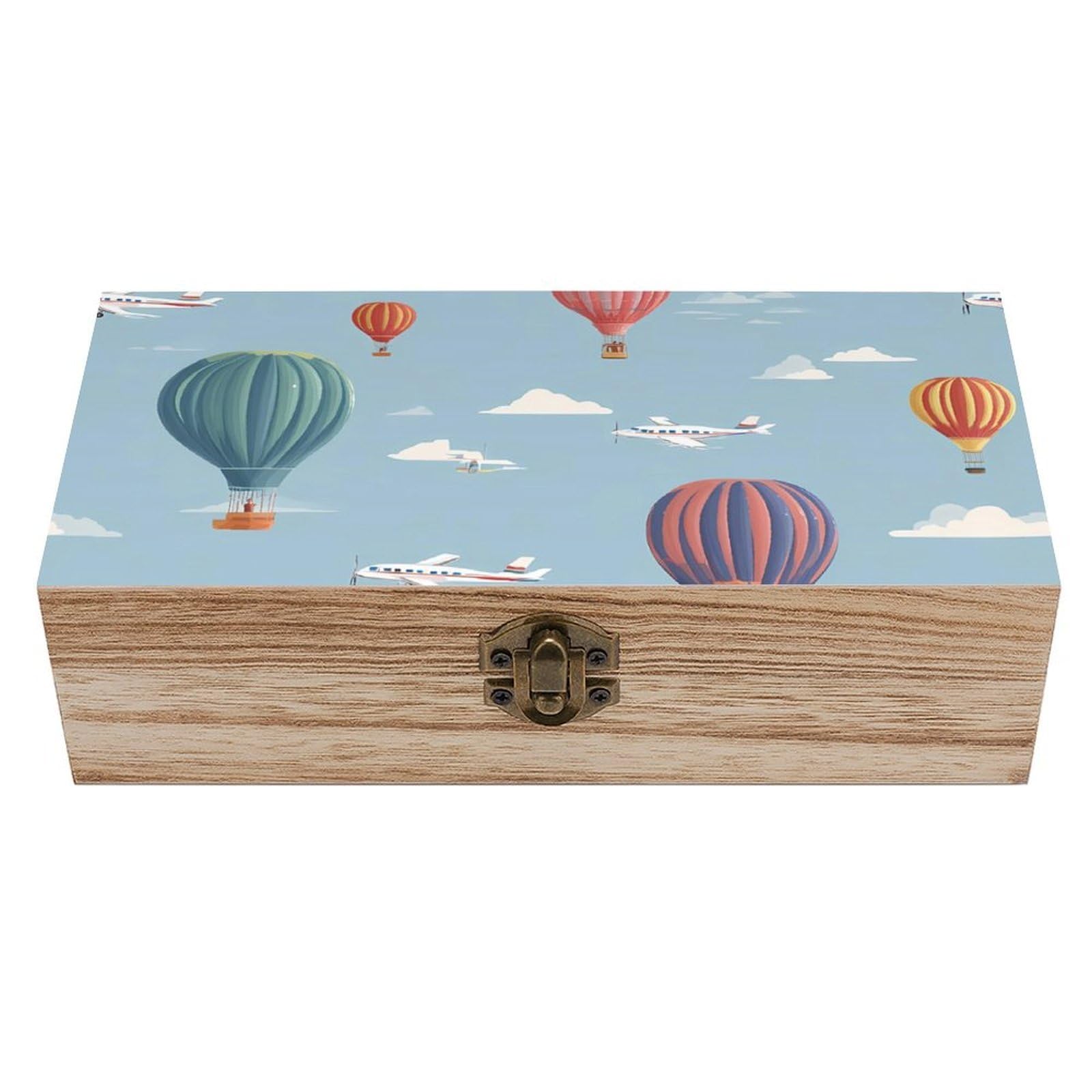 HLBSDM Aircraft Hot Air Balloon Wooden Box with Hinged Lid Decorative Storage Case Container