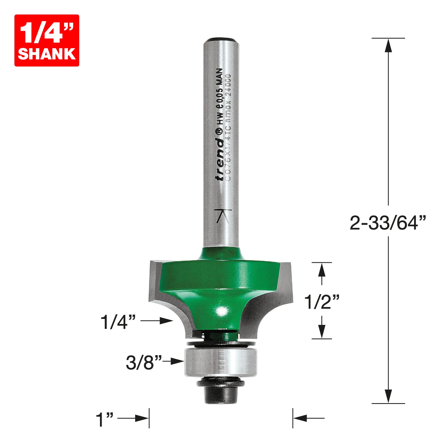 Trend CraftPro frez zaokrąglający z prowadzeniem łożyskowym do frezarki górnowrzecionowej, trzpień 1/4 cala, promień 6,3 mm, długość cięcia 12,7 mm, węglik spiekany (TCT), C076X1/4TC