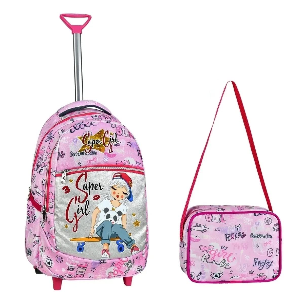 TahTicMer Çekçekli ilkokul Ortaokul Kız Çocuk Okul Çantası Sırt çantası Beslenme çantalı 2li Set Süper Girl Pembe Çanta Pembe Gri