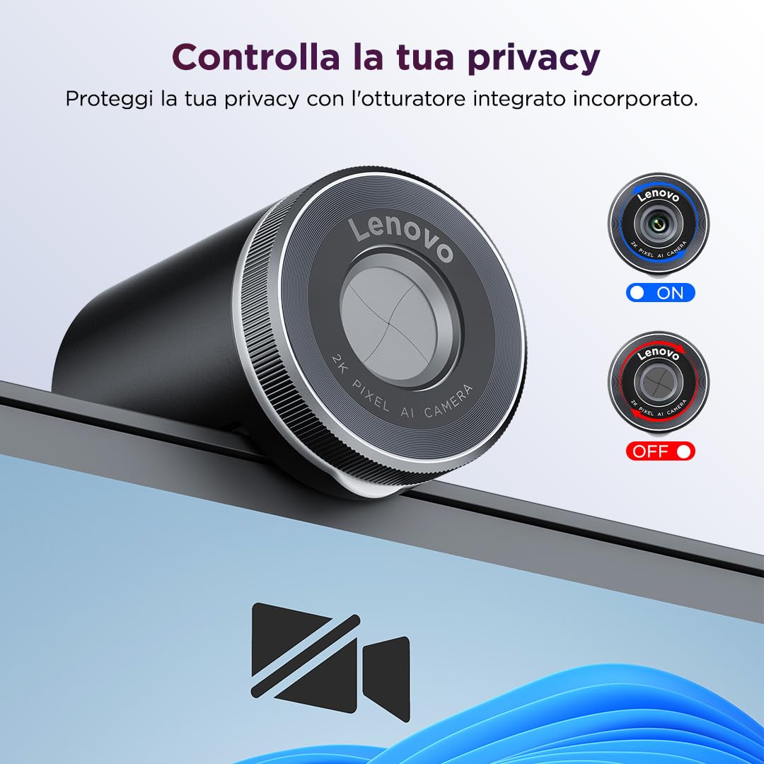 Lenovo QHD Webcam, webcam QHD per PC e notebook per videochiamate e smart working, plug and play per meeting online