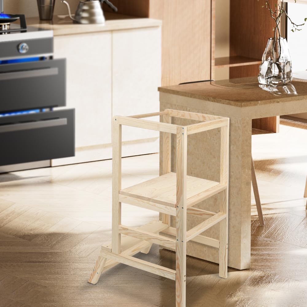 Homewell Höhenverstellbarer Lernturm ab 1 Jahr, Learning Tower, Montessori-Methode, Massiv Montessori Lernturm Kinder aus Holz, Stabil Robust, 39 * 52 * 90 cm