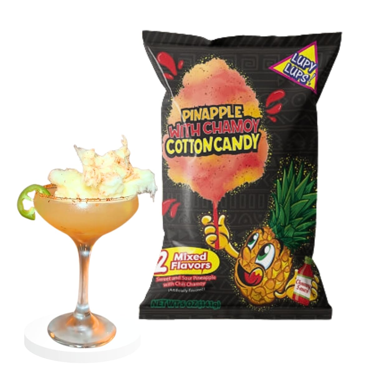 Lupy Lups! Cotton Candy Pineapple with Chili Chamoy- Family Size 5 oz Big Bag- Drinks Topper - Margaritas Cocktails- Party Piñata
