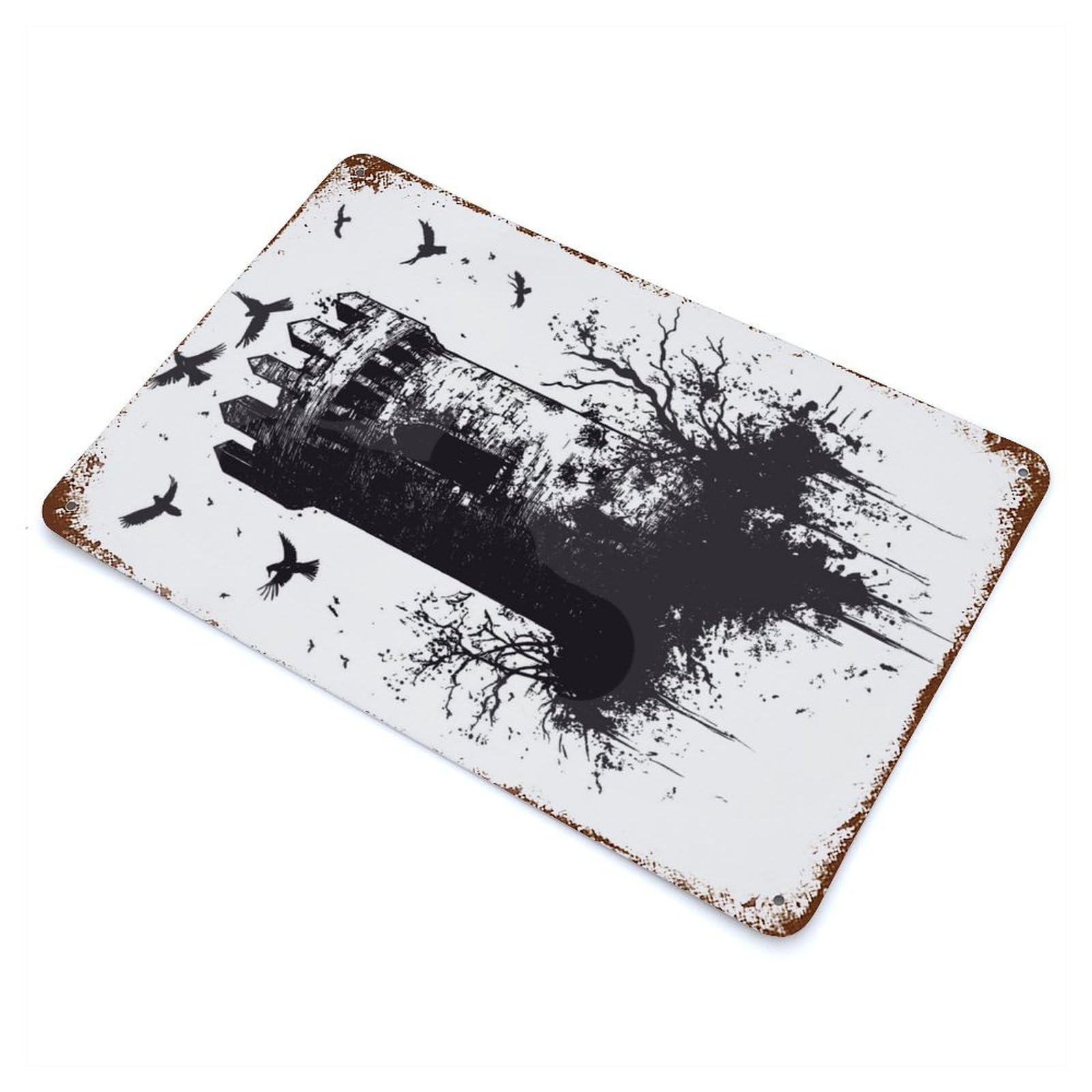 Rust Effect Gothic Tower with Crows Aged Metal Wall Plaque 11.8"x7.9", Farmhouse Wall Decor for Office, Studio And Wall Decor