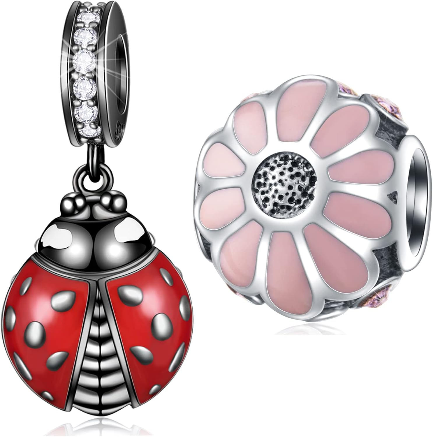 Juego de 2 dijes de mariquita rojos y negros y margaritas rosadas, para regalo de madrenovia