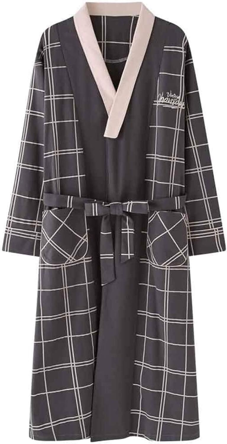 温泉浴衣 寝巻き浴衣 メンズ 簡単着付け おしゃれ ナイトガウンメンズ春と秋の長袖の綿薄片大型パジャマメンズタイ格子コットン秋のメン
