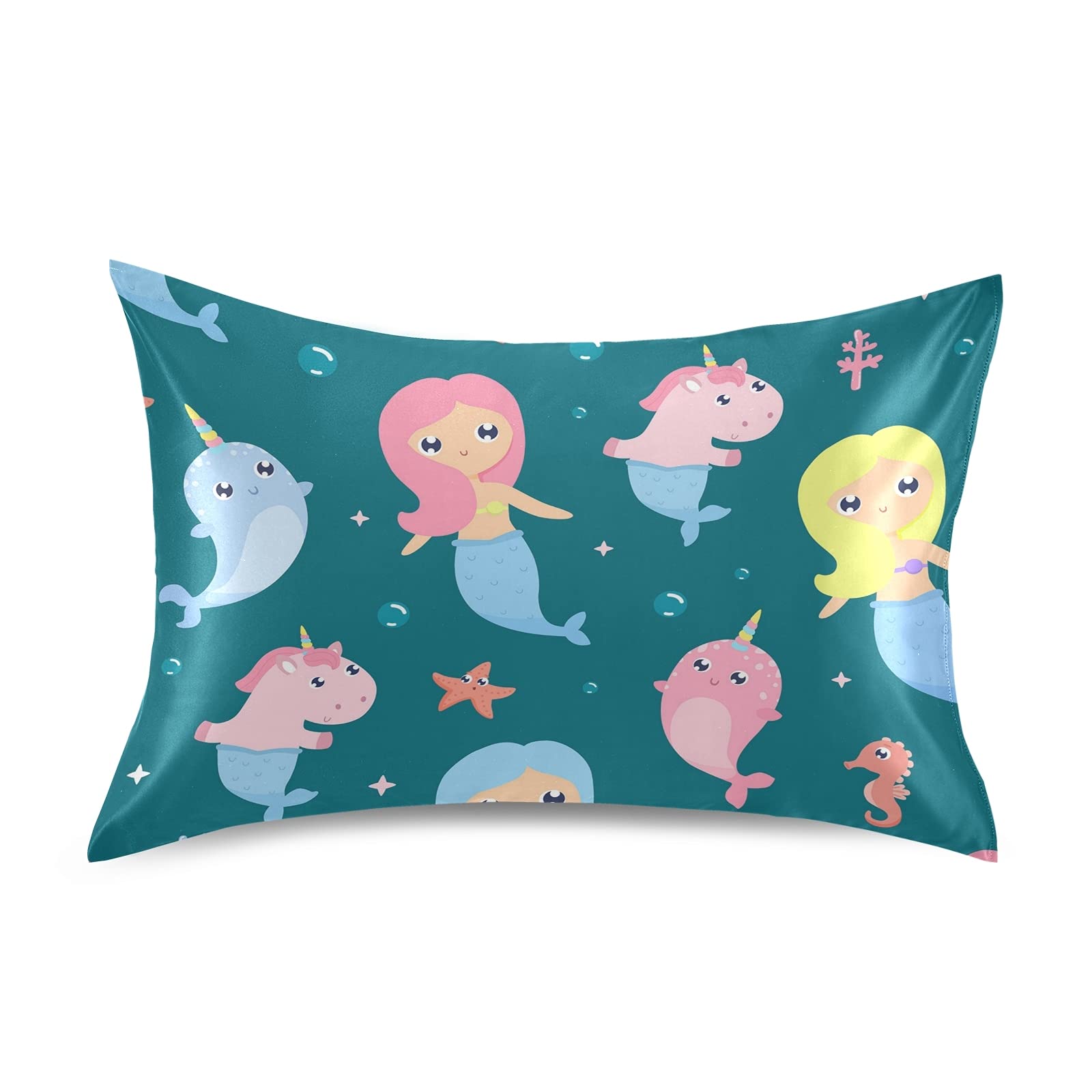 Colorful Childish Mermaid Unicorns Stars Bubbles Silky Satin Pillowcase for Hair and Skin, Soft Breathable Bed Pillow Cover, Decorative Silk Pillow Cases, Standard Size 20x26 inches