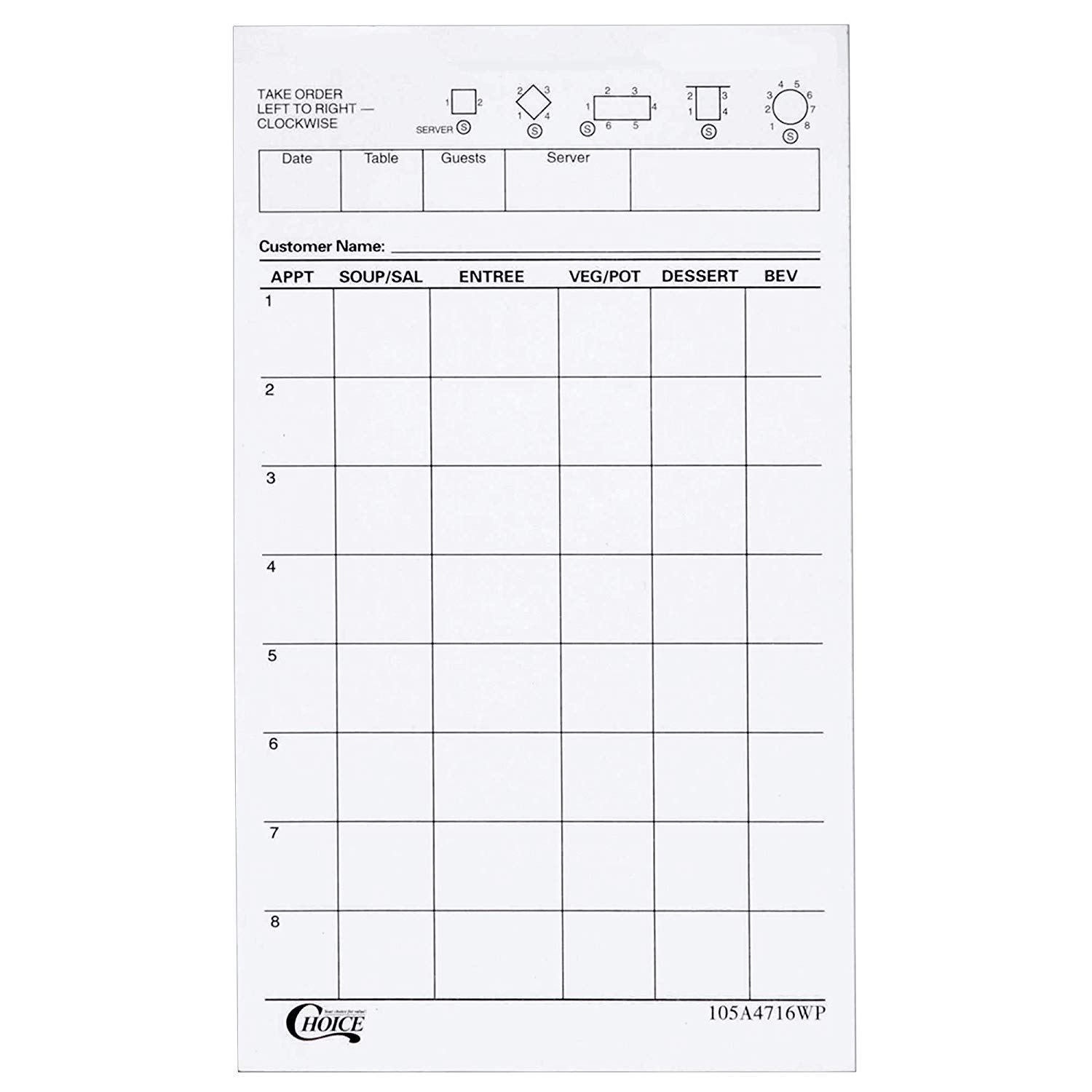 Choice 1 Part White Waiter/Waitress Order Pad - 50/Pack