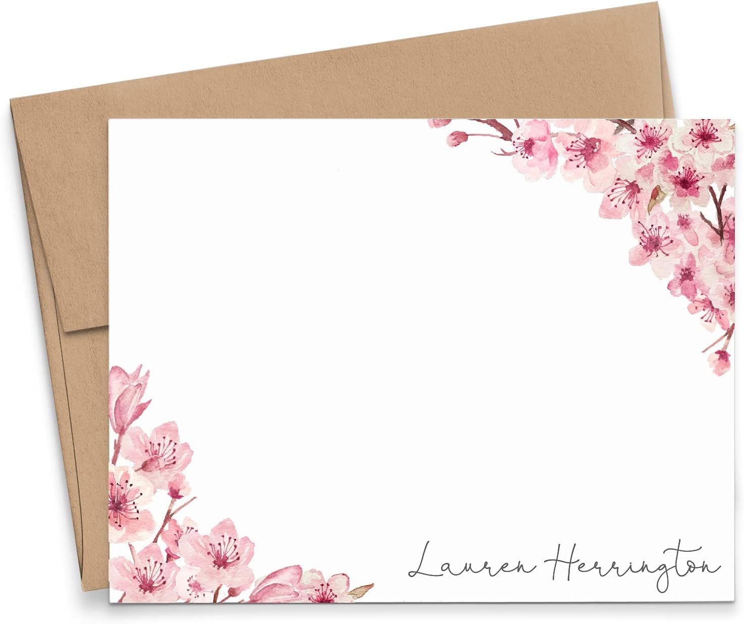 Cherry Blossom Floral Corners Personalized Stationary for Women, Personalized Floral Stationery with Envelopes, FLAT OR FOLDED NOTE CARDS, Notecards for Women, Your choice of Colors and Quantity