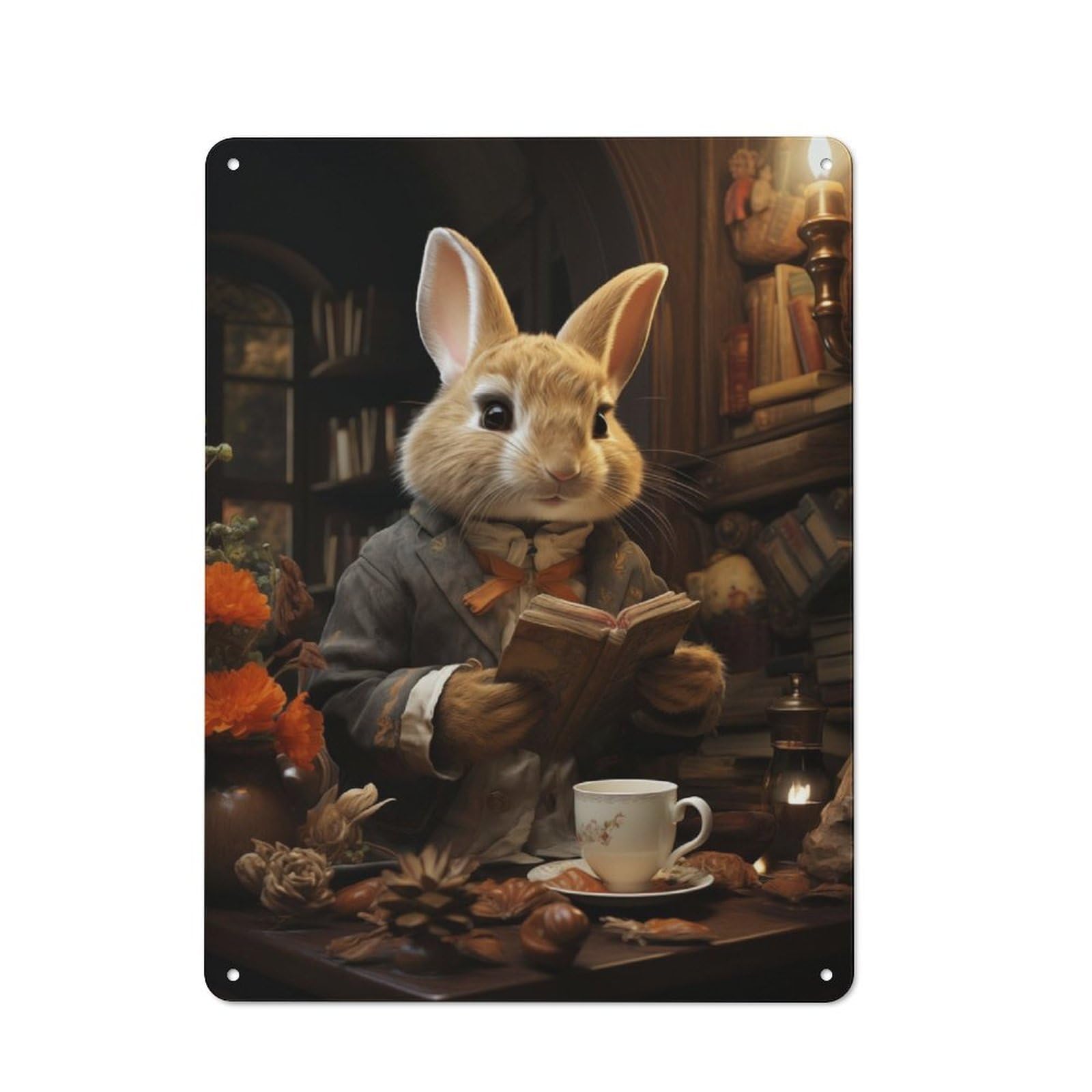 Rabbit Drinking Tea Old Style Metal Wall Decor 40x30cm, Decorative Tin Plaque for Cafe, Pub, Workshop Or Home Bar