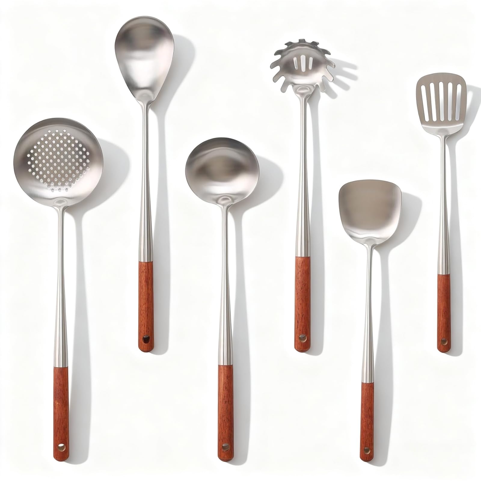 Set Utensili Cucina 6 Pezzi, Mestoli Cucina Acciaio Inox con Mestolo, Schiumarola, Tornitore Con Intaglio, Paletta Cucina, Mestolo da Zuppa, Server per Pasta (Manico In Legno)