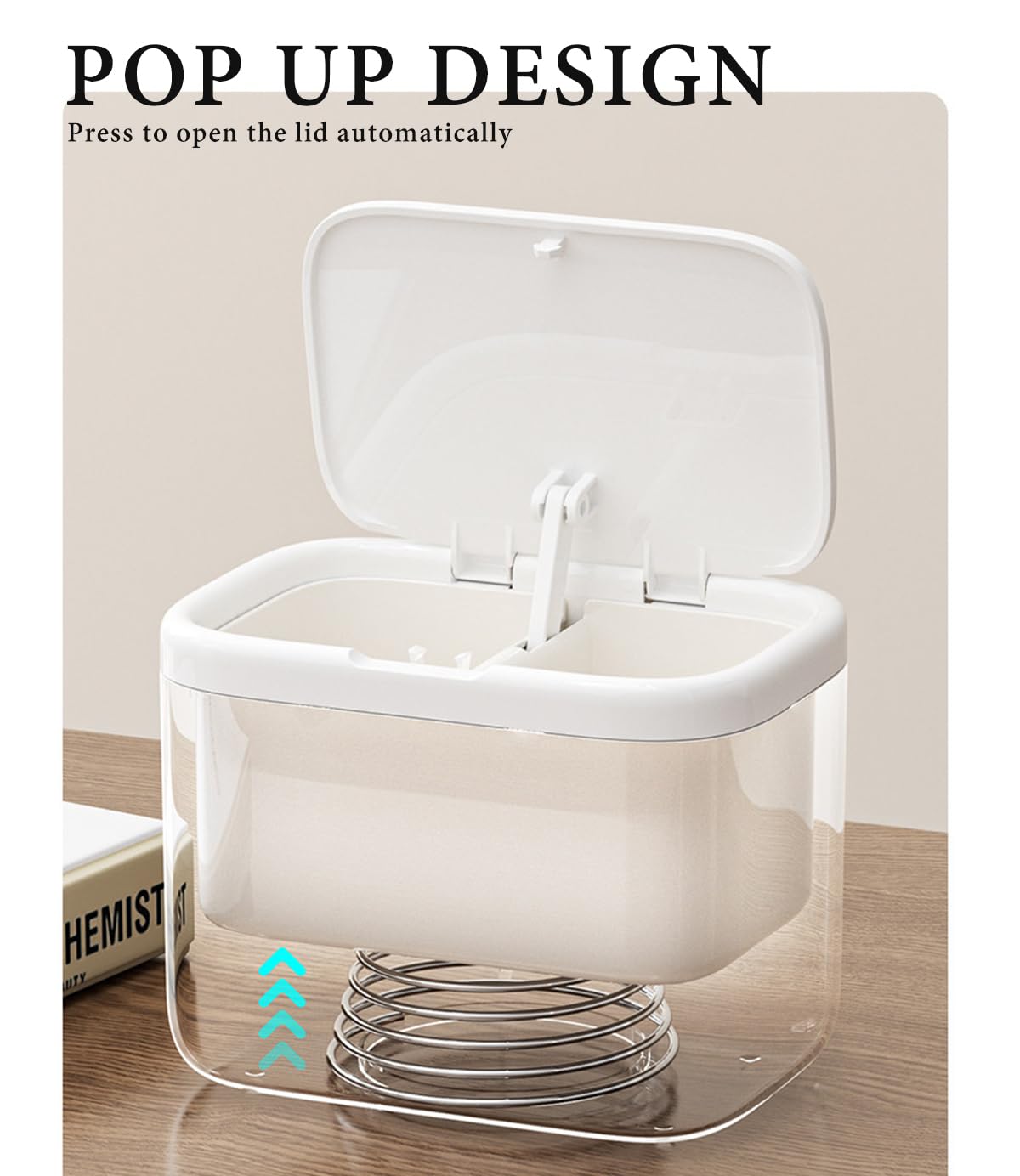 Caja organizadora automática de hisopos de algodón con tapa, ABS y acero inoxidable, 4 compartimentos, montaje en pared, 127 x 89,6 x 96,3 mm