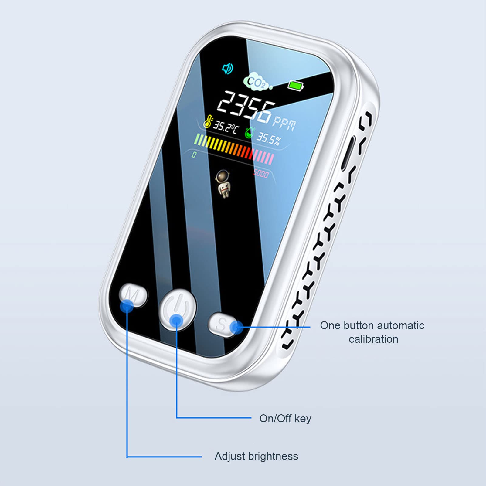 Détecteur de qualité de L'air, Détecteur de CO2 Détection NDIR Type C Testeur d'humidité de la Température de Compteur de CO2 Moniteur de qualité de L'air Portable (Blanc)