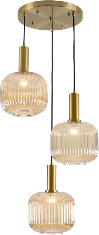 Gold Cluster Globe Glass Ceiling Chandelier 3-Light Amber Hanging Pendant Light Brushed Brass Dining Room Chandelier Stair Adjustable Hanging Light Fixture for Corridor Entryway