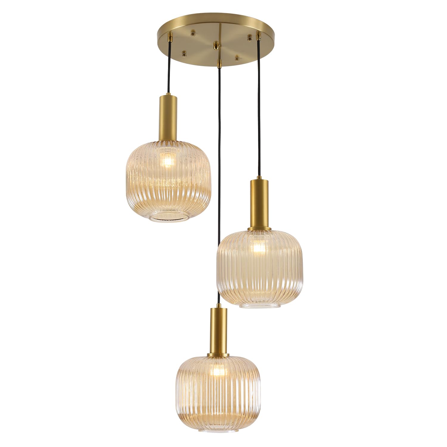 BOKT Gold Cluster Globe Glass Ceiling Chandelier 3-Light Amber Hanging Pendant Light Brushed Brass Dining Room Chandelier Stair Adjustable Hanging