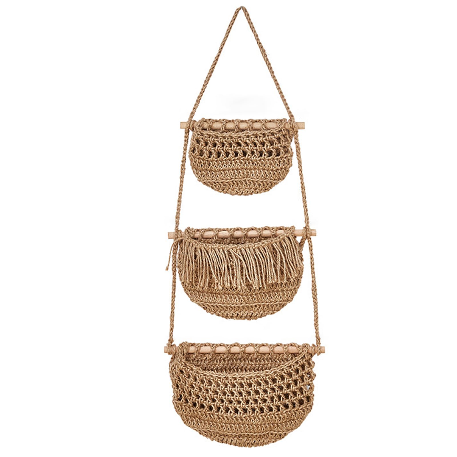 Uanqfegy Hanging Fruit Basket - 3 Tier Handmade Cotton Hanging Basket for Kitchen Wall, Adjustable Removable Produce Storage Organizer, Brown