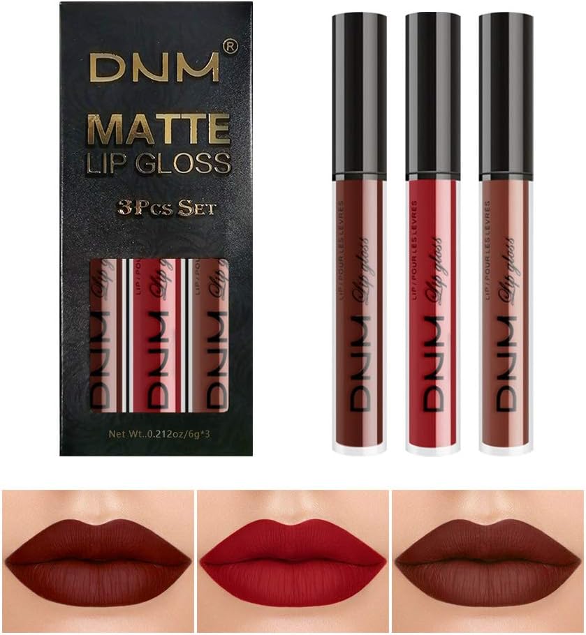 KARNAR 3Pcs Deep Red Brown Matte lipstick Set, Lip Stain Waterproof Lip Gloss Gift Set,Lippies Lip Matte Makeup Lipgloss Beauty Cosmetics Kit (SET02)