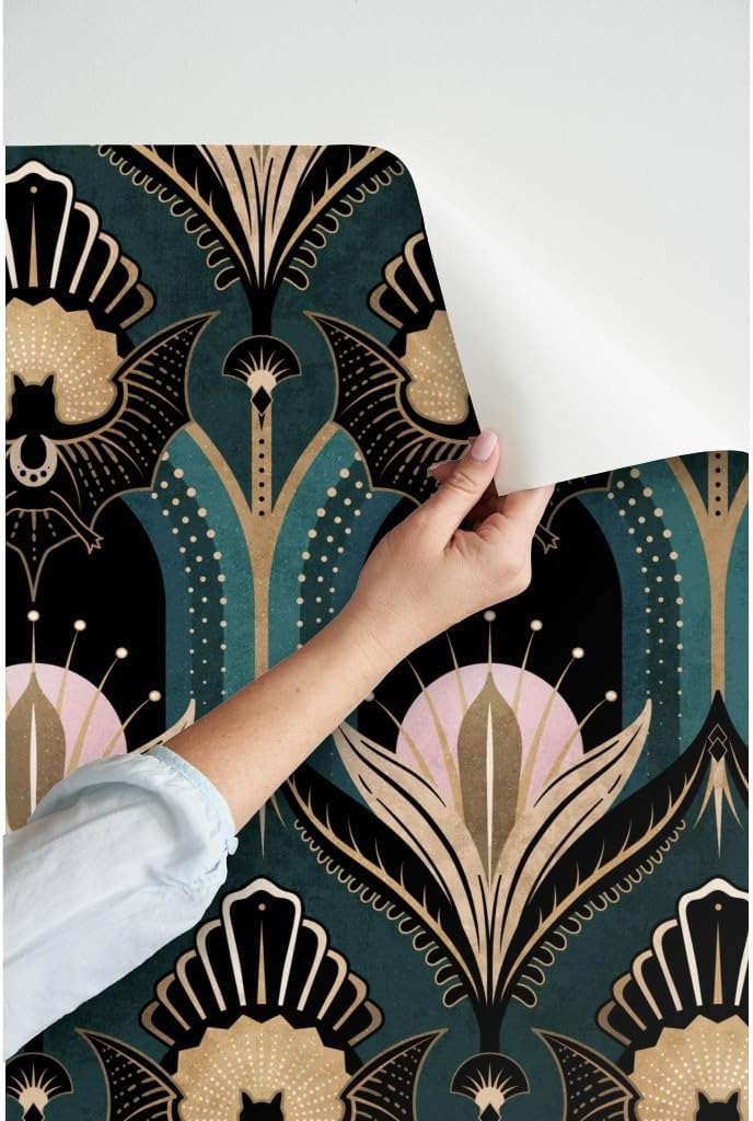 Spoonflower Peel & Stick Wallpaper 6ft x 2ft - Elegant Art Deco Bats Flowers Teal Gold Black Pink 1920S Opulent Maximalist Custom Removable Wallpaper
