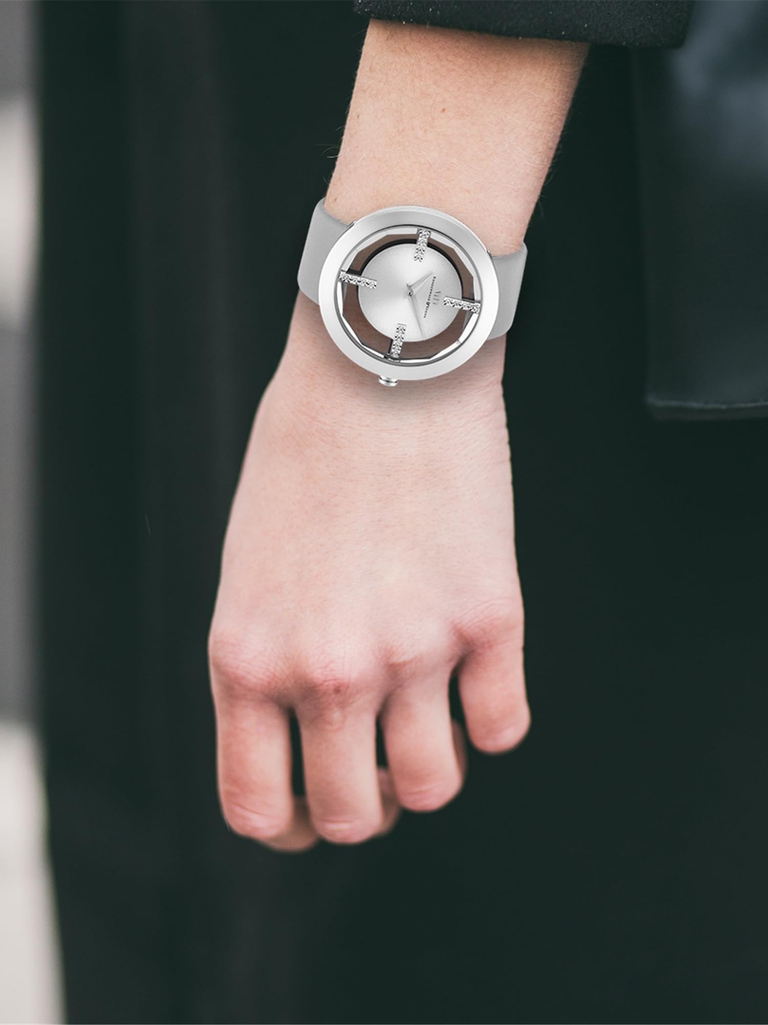 Rhodenwald & Söhne Lucrezia Damenuhr Edelstahl Silber 3 ATM Quarzwerk | verziert mit Kristallen,Echtlederarmband,grau,Fashionuhr,analog,Frauen,Skeletonoptik,Mineralglas