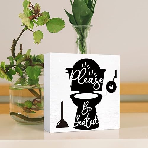 Miniatura 4 de SJNH Divertido letrero de madera para baño, con texto en inglés "Please be Seat", letrero de bloque de madera para estante de baño, inodoro, baño,
