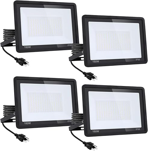 Paquete de 4 focos LED de 150 W para exteriores, luz de trabajo LED de 16500 lm con enchufe de EE. UU. de 6 pies, luces de seguridad exteriores