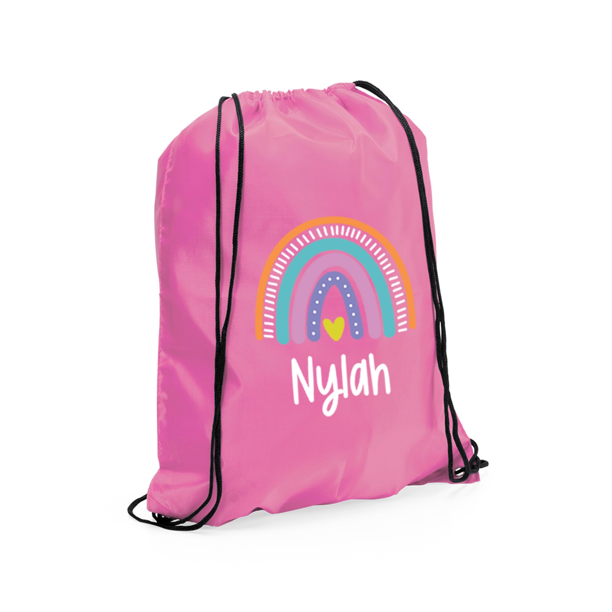 eBuyGB Personalised Rainbow Drawstring, Childs PE, Sports Day, Girls Swimming, Custom Name, Party Goodie, Primary School PE Kit (Light Pink)
