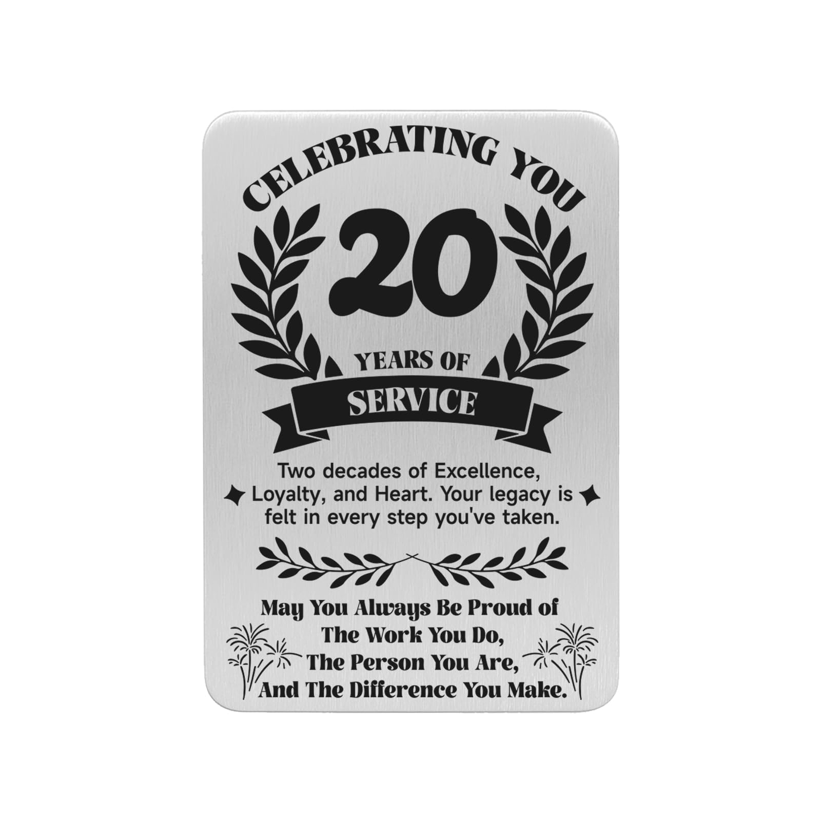 Hewonnn 20 Years Work Anniversary Card - 20 Years of Service Wallet Card, Stainless Steel Engraved Long Service Award Keepsake Gift