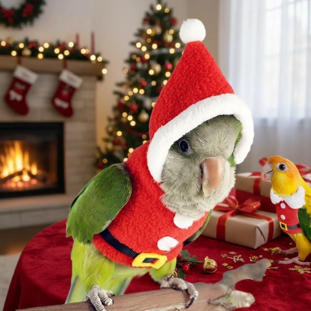 Christmas Bird Costume with Hat, Soft Fleece Holiday Outfit for Small to Large Birds, Warm Winter Clothes for Conure, Cockatiel, Macaw, Cockatoo(Hat,3XL Macaws/Cockatoos)