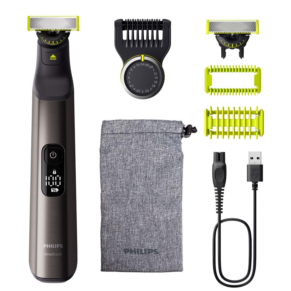 Philips OneBlade Pro 360 QP6552-15 components including the trimmer, adjustable comb, skin guard, and charging cable.