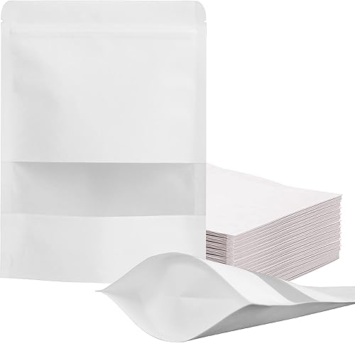FireKylin 100 bolsas resellables, bolsas de papel blanco de pie de 5.9 x 8.6 pulgadas con ventana mate, bolsas de almacenamiento de alimentos con