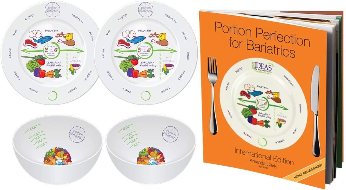 Bariatric Portion Control 2 Melamine 8" Plates & Bowls + Portion Perfection for Bariatrics International Book for Healthier Diet post Sleeve Gastrectomy, Gastric Bypass, Balloon & Banding by Dietitian