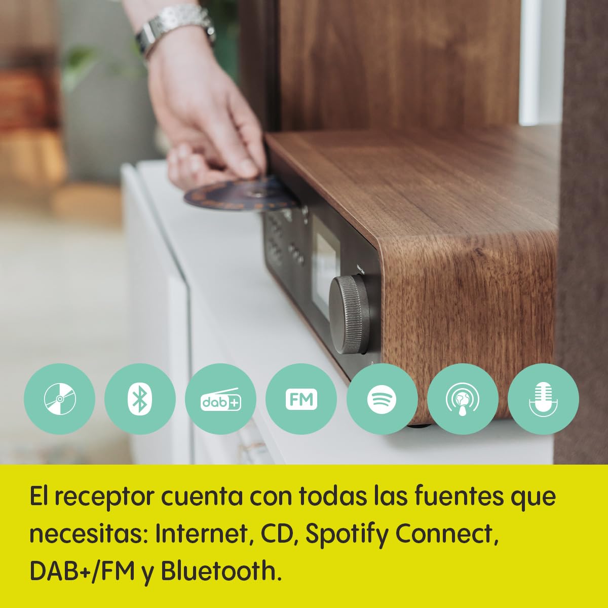 Pure Sistema de música HiFi estéreo clásico - Radio Internet, Dab+/FM, Bluetooth 5.2, Reproductor de CD, USB, Spotify Connect, AUX, Entrada óptica, Sonido Estéreo 100W - Coffee Black/Walnut