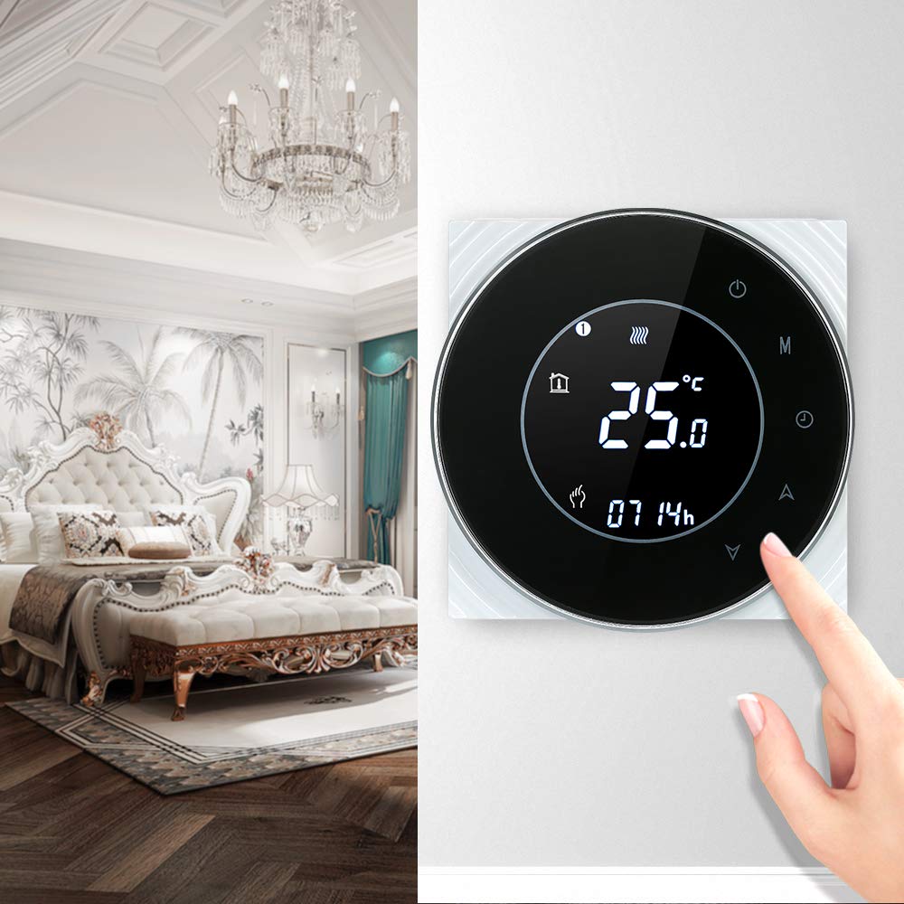 Kavolet Programowalny termostat, bojler gazowy, regulator temperatury kontaktowej na sucho, ekran dotykowy LCD z podświetleniem, sterowanie głosem, kompatybilny z Home/IFTTT