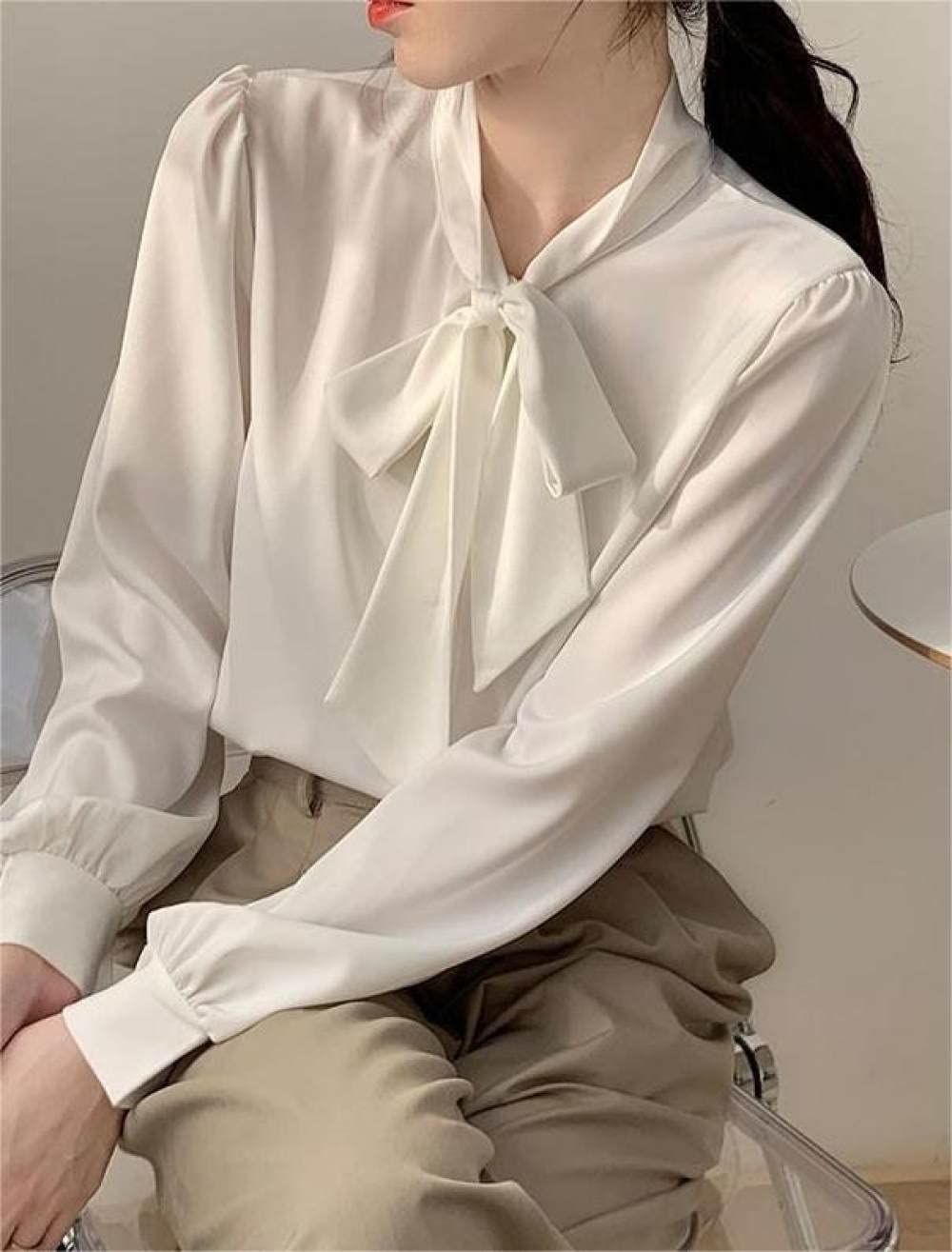 Lockeres Damenhemd,Damen Satin Seide Bluse Shirt Weiß V-Ausschnitt Schleife Langarm Mode Shirts Business Hemd Mit Knopf Sexy Party Tops Lässige Arbeit Büro Bluse Für Mädchen Damen