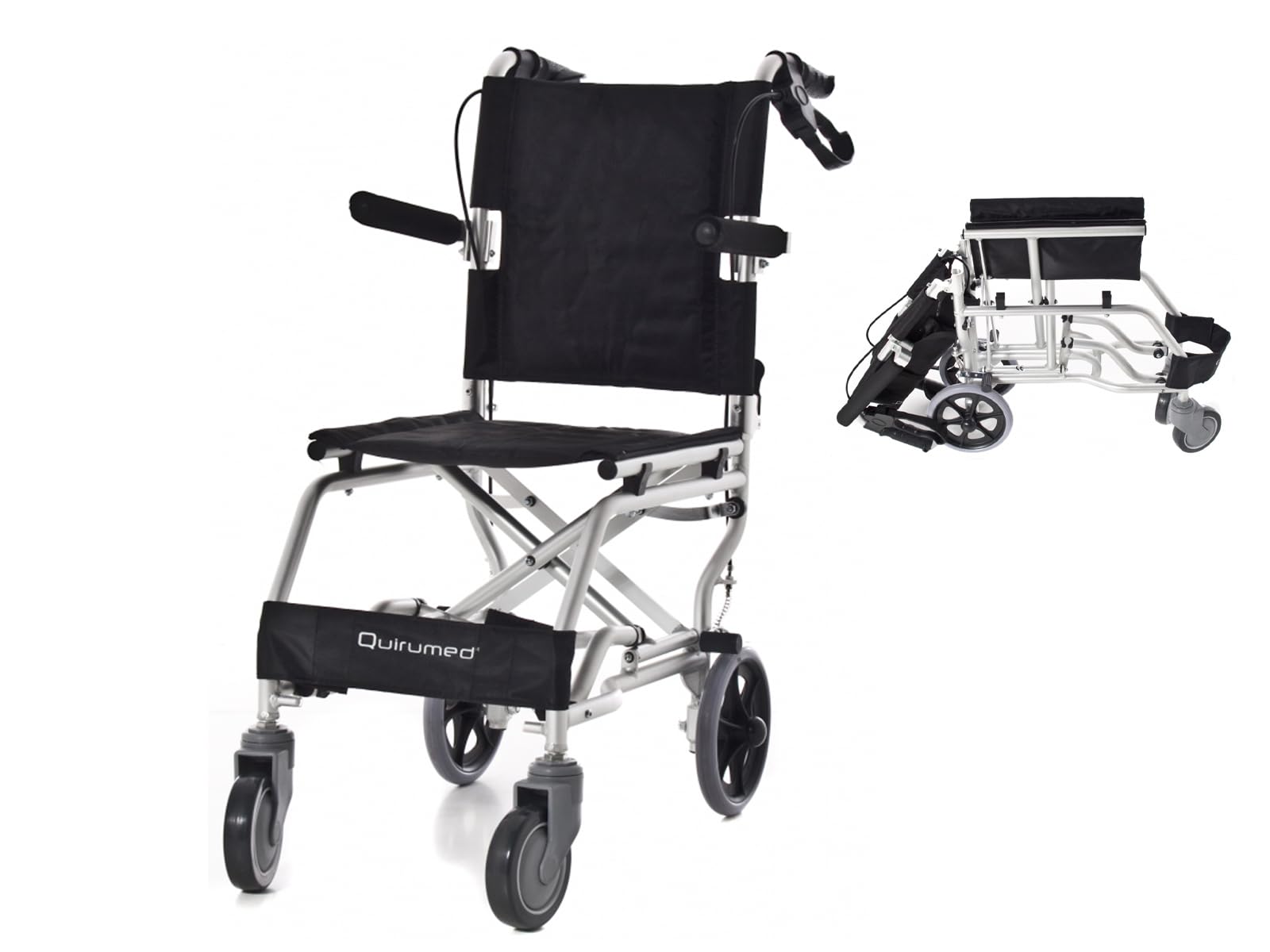 QUIRUMED Silla de ruedas de aluminio para viajes, Silla de ruedas de tránsito, para traslado, Asiento 36 cm, Ligera, Plegable, Apoyabrazos y reposapiés reclinables