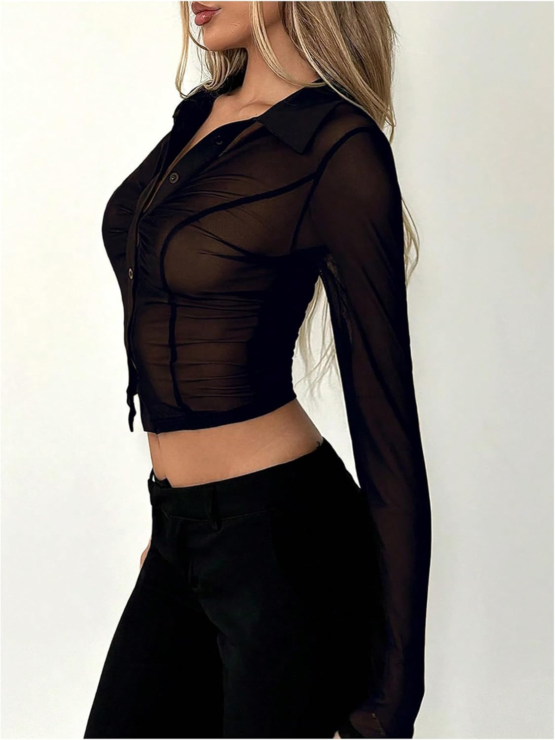SweatyRocks Women's Sheer Button Down Blouse Ruched Slim Fit Long Sleeve Shirts - Image 4