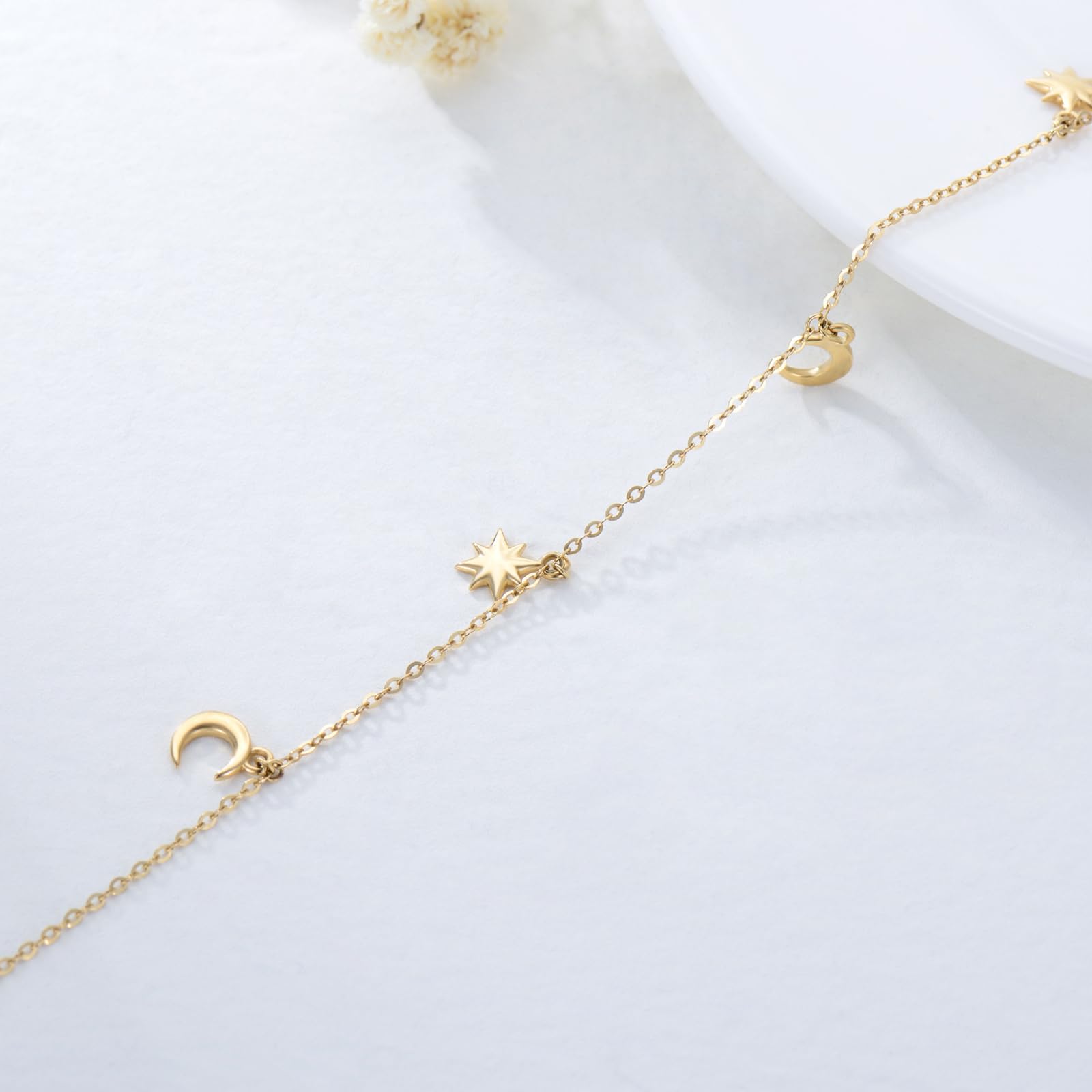 375/9K Echtgold Stern Mond Fußkettchen für Damen, Gelbgold Mond-Stern Quasten Fußkettchen, Exquisit Schmuckgeschenk zum Jahrestag Geburtstag für Ehefrau Mutter Freundin, 20+5cm