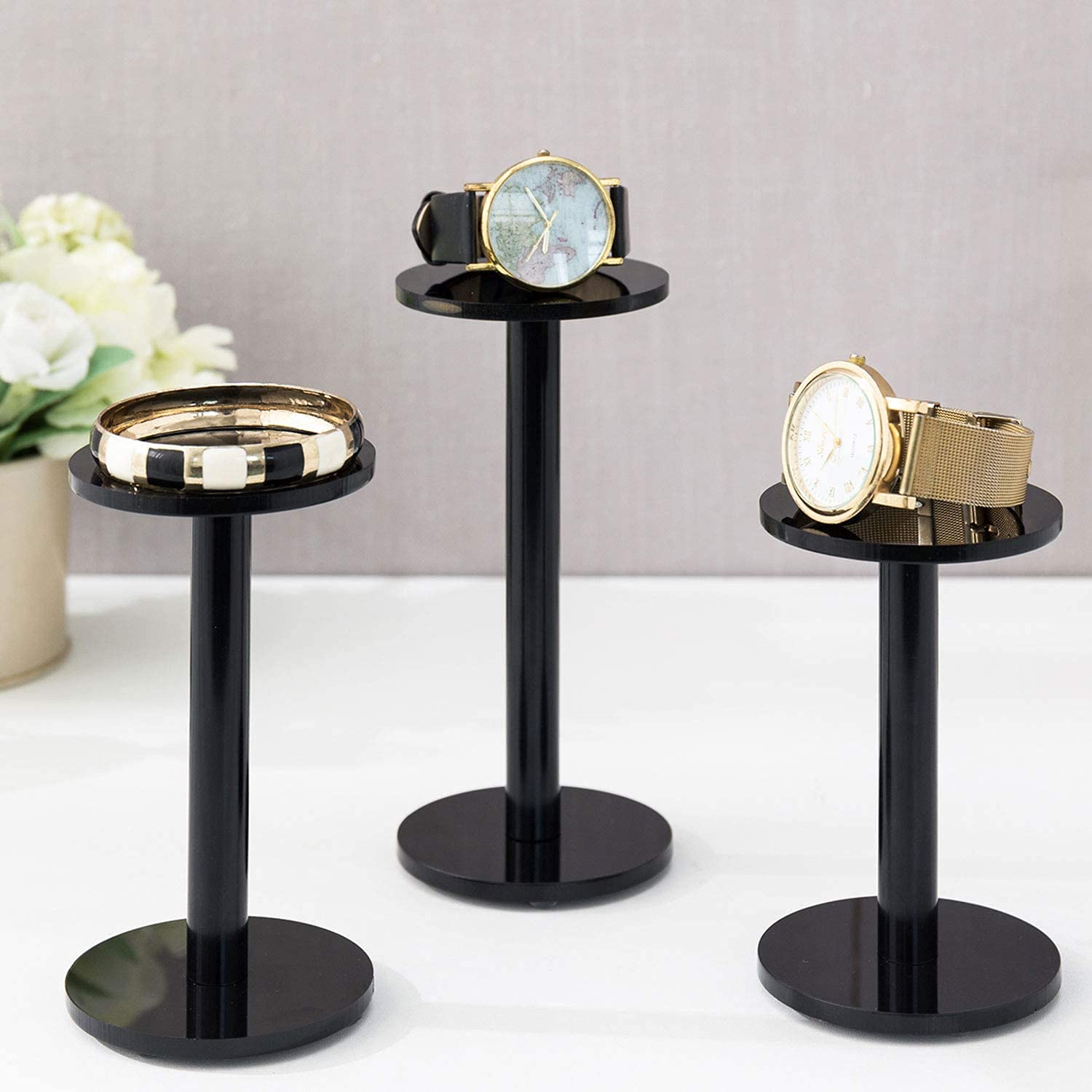 INDIAN DECOR. 22234 Set of 3 Clear Round Acrylic Jewelry/Watch Display Pedestal Riser Stands - Black (B09FHNF4BV) Amazon Price History, Amazon Price Tracker