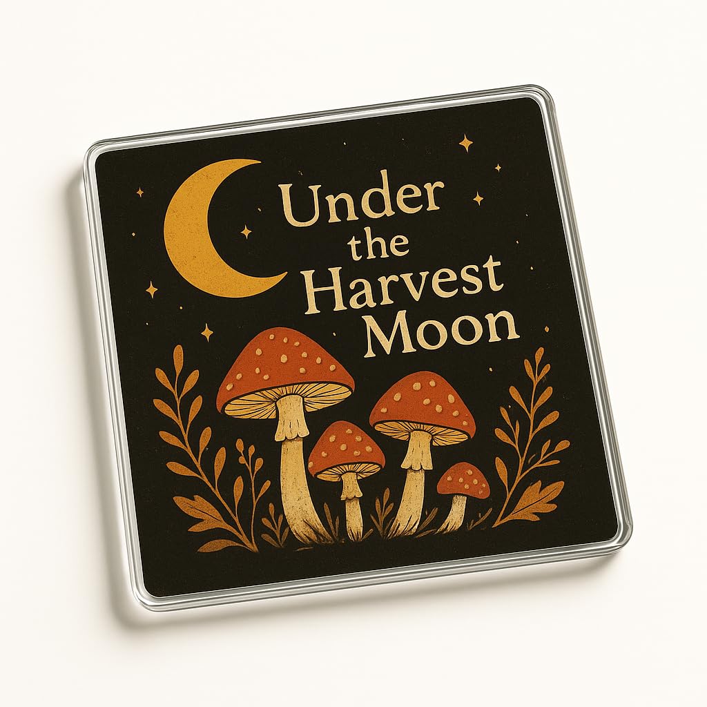 The Plum Penguin Harvest Moonlit Acrylic Coaster Gift - Enchanting Autumnal Folklore Design With Moonlit Mushrooms For Halloween
