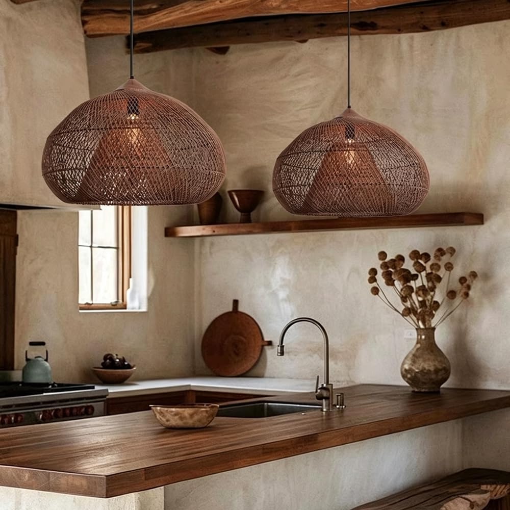 XQIDIANAA Rattan Chandelier Light Fixture,Boho Hand Woven Rustic Pendant Light,Farmhouse Chandeliers Hanging Lamp for Dining Room Kitchen Island, Living Room, Foyer 1Pack