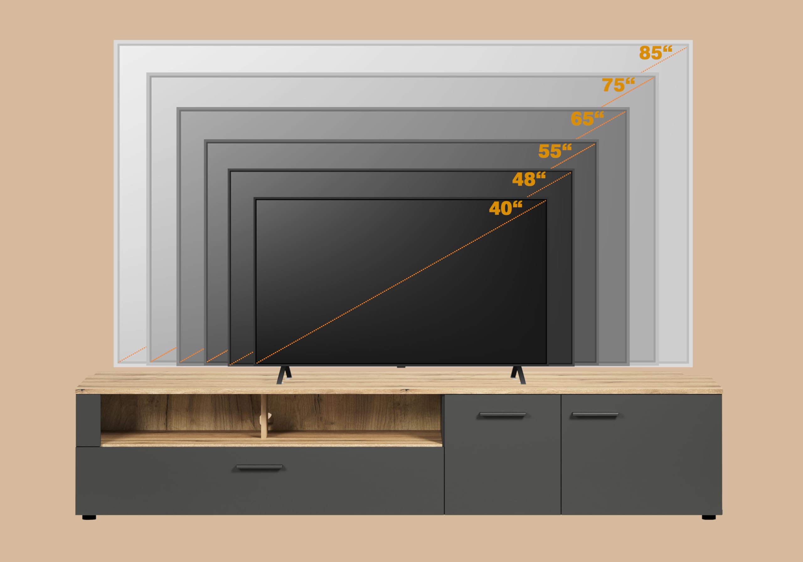 trendteam smart living - Esteban - TV-Schrank - Anthrazit/Evoke Eiche - (BxHxT) 210 x 43 x 41 cm - eleganter Fernsehschrank mit schwarzen Griffen - kratzfest