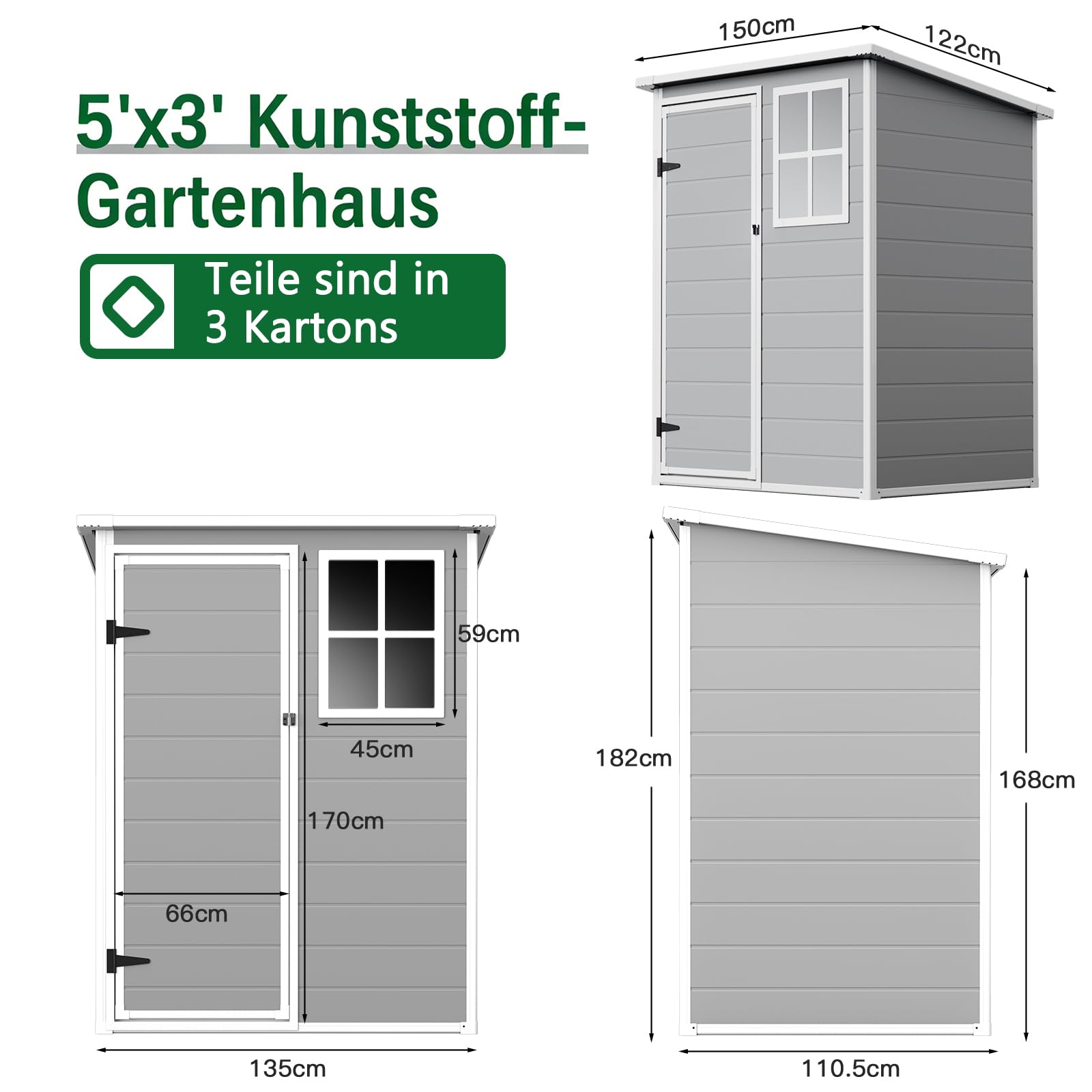 Kunststoff Gerätehaus 138×110.5×182cm,Geräteschuppen mit Fenstern, Schrägdach und Sicherer Tür,Zur Aufbewahrung von Gartengeräten. Inklusive Bodenplatte,Ideal für Garten,Terrasse