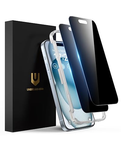 UNBREAKcable Privacy Screen Protector for iPhone 15, Anti-Spy Shatterproof Tempered Glass [True 28°Anti Spy] [9H Hardness] [Easy Installation Frame] Black Protector for iPhone 6.1" - 2 Pack - Black - iPhone 15