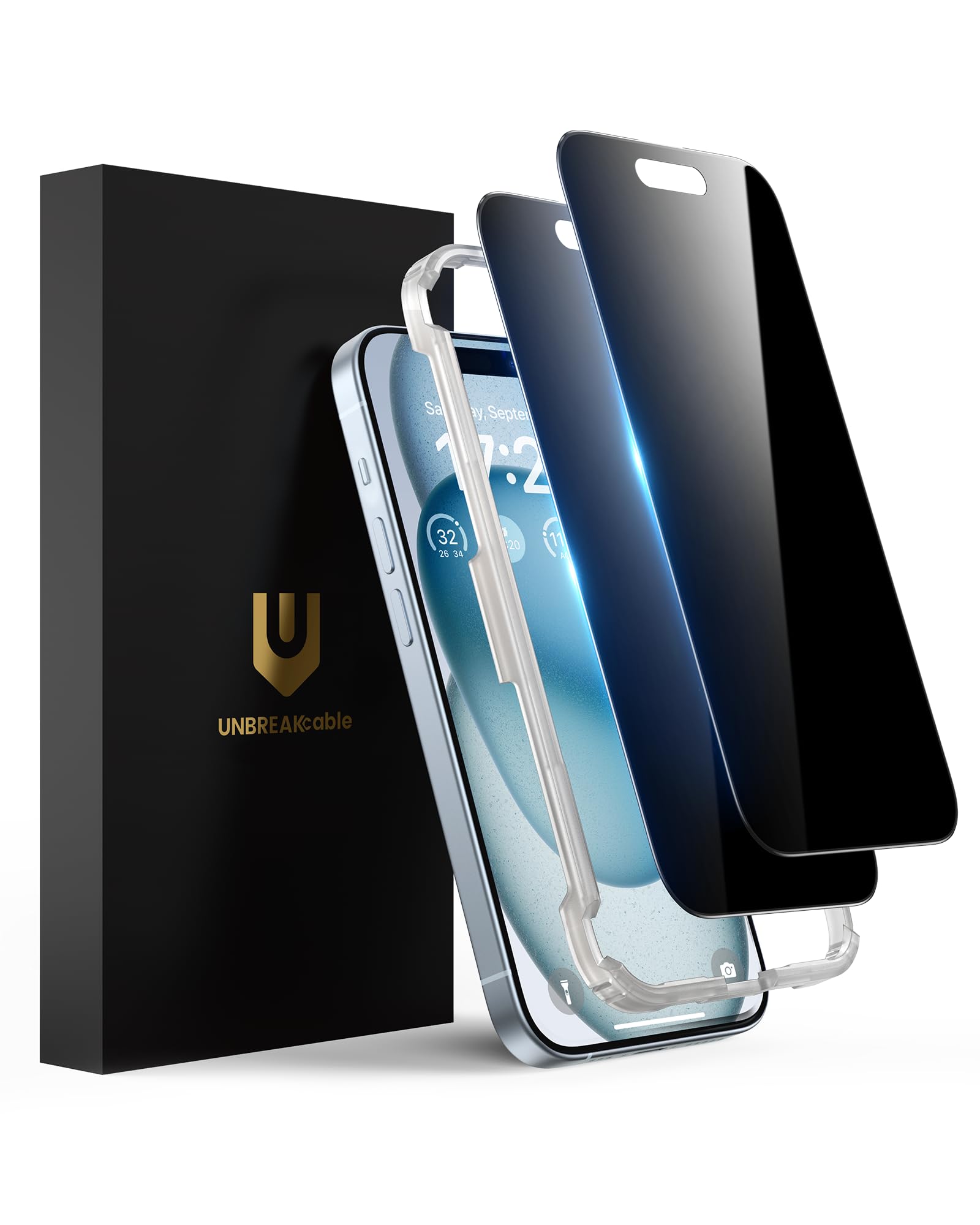 UNBREAKcable Privacy Screen Protector for iPhone 15, Anti-Spy Shatterproof Tempered Glass [True 28°Anti Spy] [9H Hardness] [Easy Installation Frame] Black Protector for iPhone 6.1" - 2 Pack