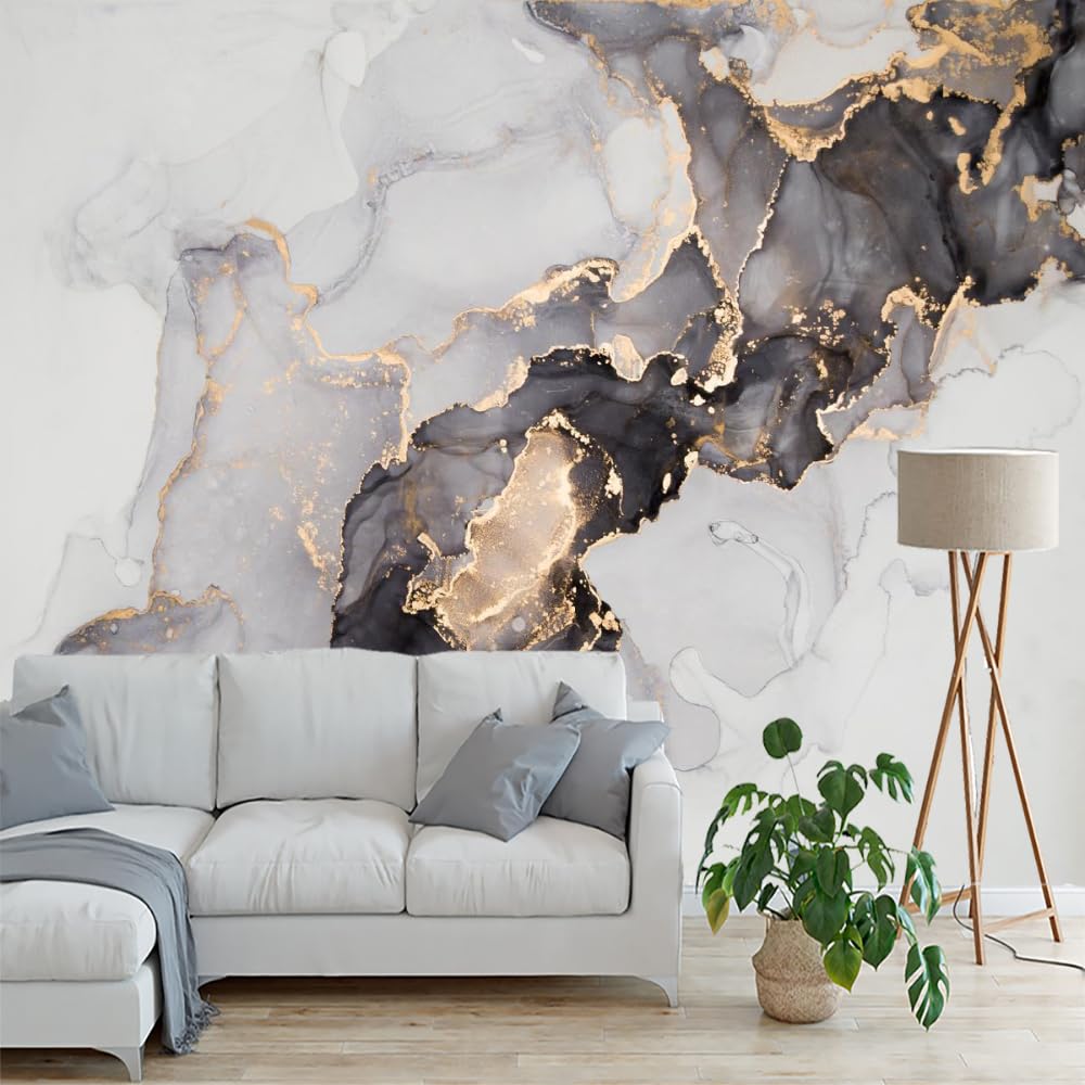 Marble Pattern Wall Mural, Black Gold Texture 3D Large Wallpaper Peel and Stick Self-Adhesive Removable Wall Decor Sticker for Living Room Bedroom TV Sofa Background 79''Wx55''L-PVC