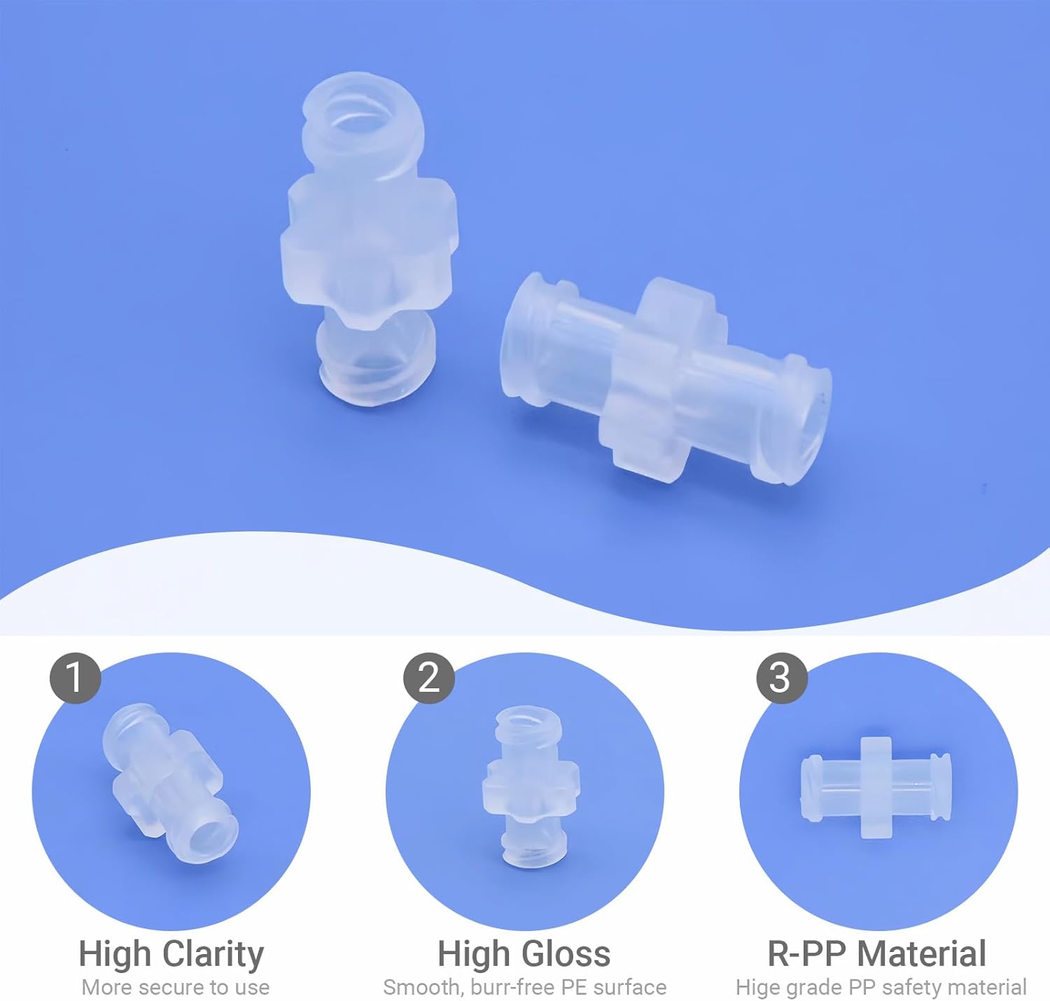 Luer Lock Fittings Series (100 Pack), Individually Wrapped - High-Performance J560M PP - Anti-Slip Grip Syringe Connectors & Caps for Lab & Industrial Use (Coupler - Female to Female)