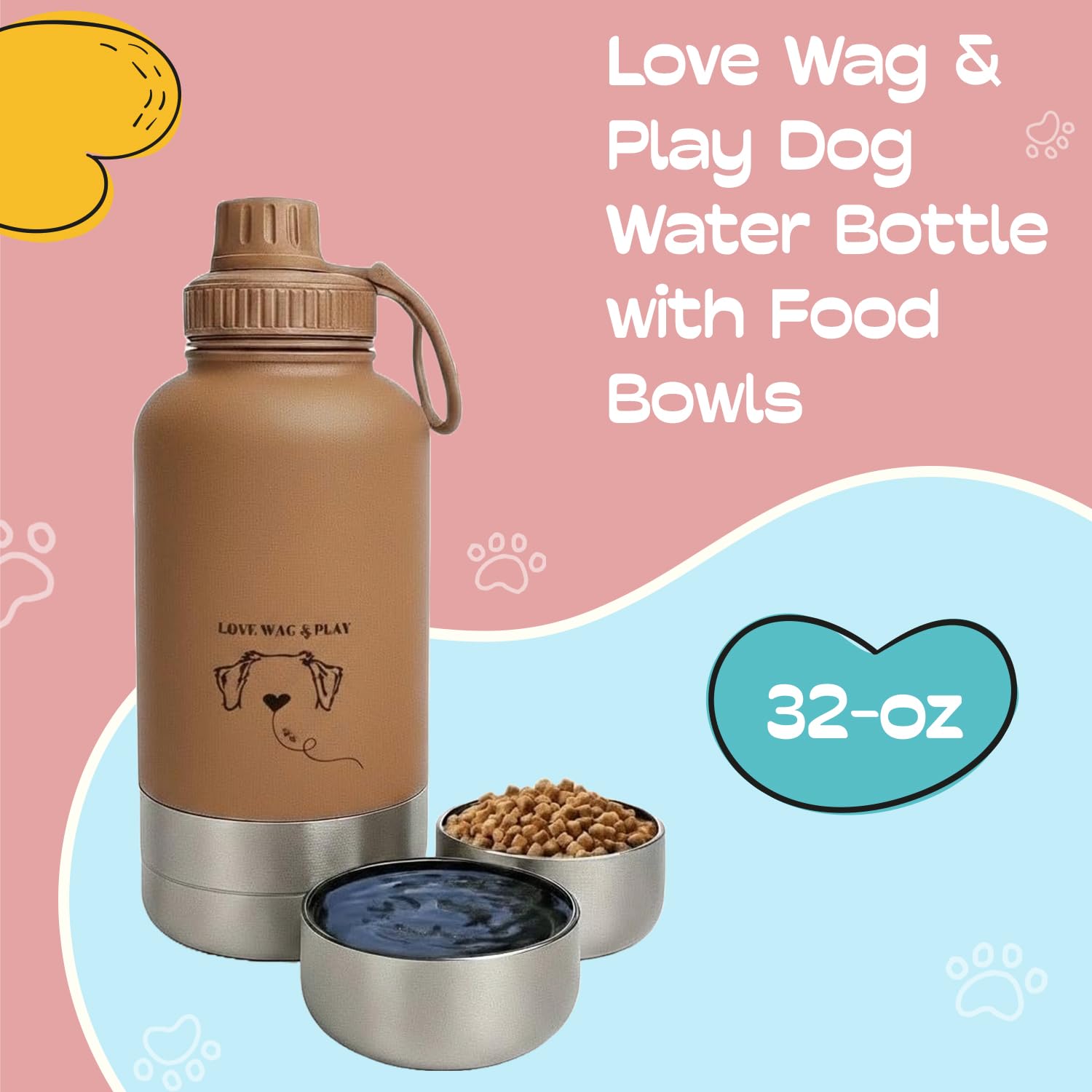 LOVE WAG & PLAY Botella de agua para perros de 32 onzas, botella de viaje portátil 2 en 1 con cuencos integrados, a prueba de fugas, sin BPA, para senderismo, paseos, uso al aire libre (marrón