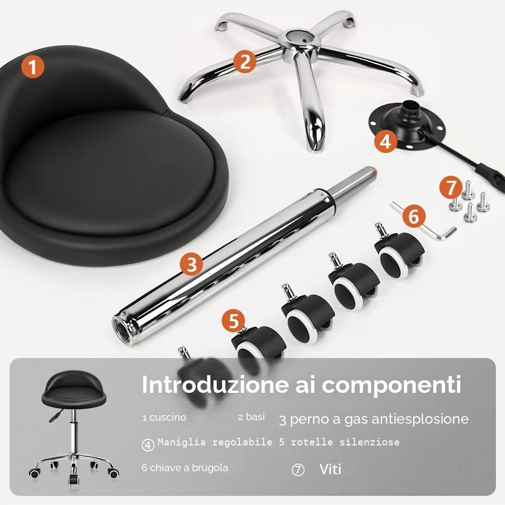 KKTONER Sgabello Rotondo in Pelle PU con Schienale Regolabile Regolabile in Altezza Sedia da Lavoro Girevole con Ruote Spa (Nero)