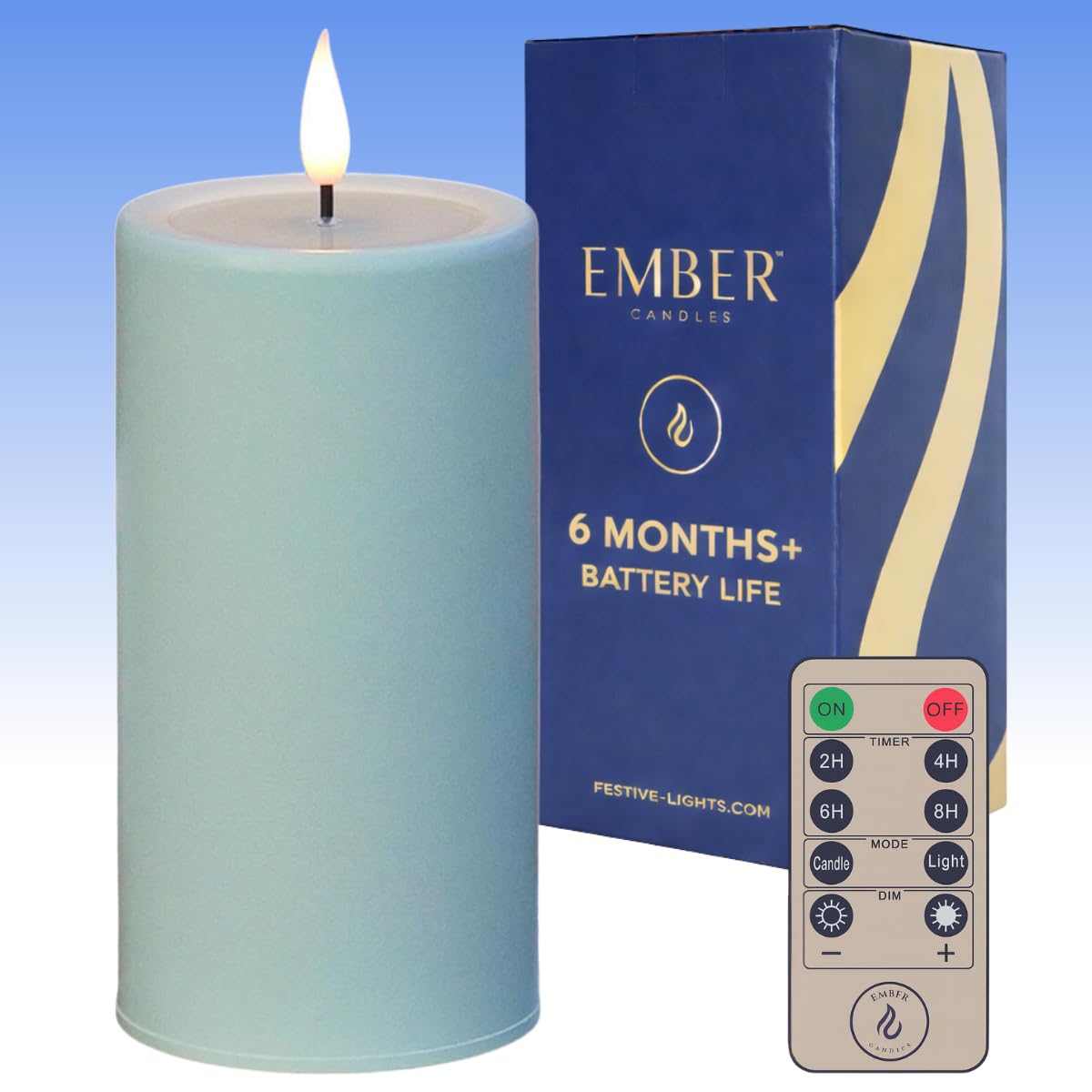 Ember Candles™ 15cm Outdoor Sage Green LED Flickering Battery Candle – Weather Resistant Metal, Ultra Realistic, Flameless, Hand Finished Design, 6-Hour Timer for Safe Garden Use (With Remote Control)