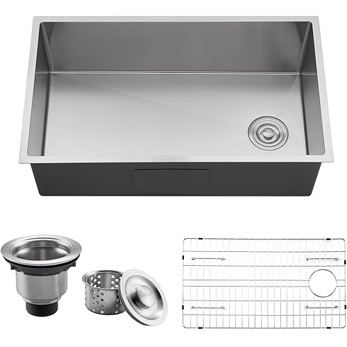 Tohlar Kitchen Sink, 32 Inch Undermount Kitchen Sink, 304 Stainless Steel Kitchen Sink Single Bowl, 10” Deep Kitchen Sink with Bottom Grid, Strainer, Drain Assembly & Drain Cap, Brushed Nickel, TH-137