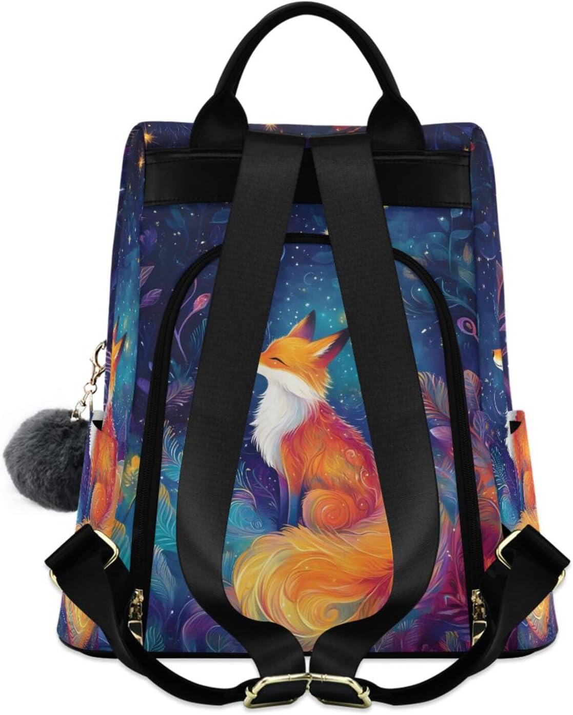 Backpack Purse for Women Fox in Starry Night Anti Theft Travel Bag Fashion Pompom Backpack for Hiking